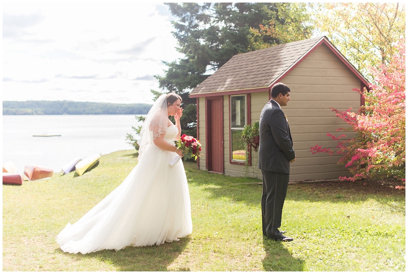 Loved this first look with Ashley + Nikko! Alamoosook Lakeside Inn Wedding Photos by Linda Barry Photography
