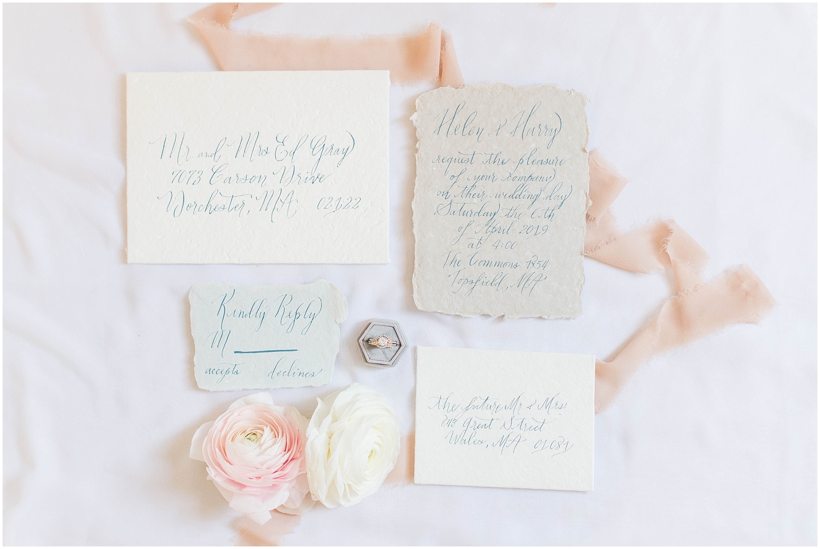 Full invitation suite by Write This Way Calligraphy. Photos by Linda Barry, Boston Wedding Photographer, during the styled wedding shoot at The Commons 1854.