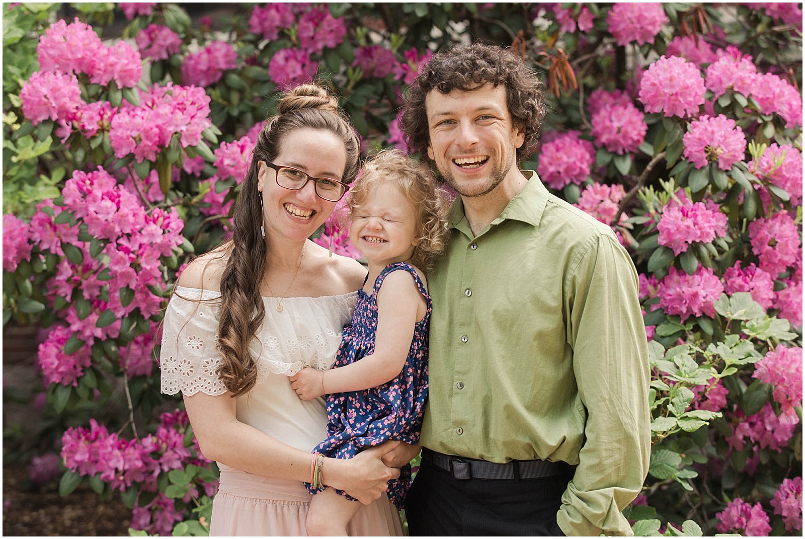 My favorite family photo of us three in front of some rhododendrons.